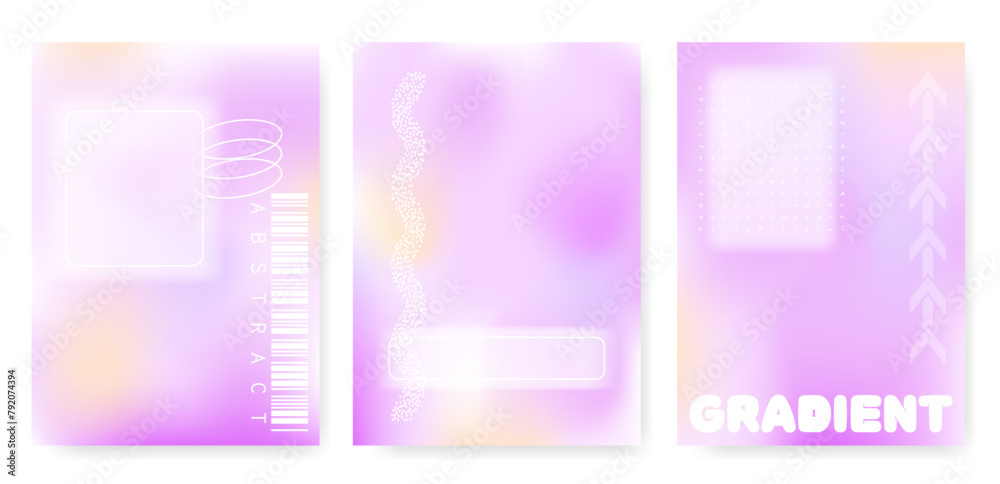 Set of y2k aesthetic posters with soft gradients. Flyer with abstract elements and frames.