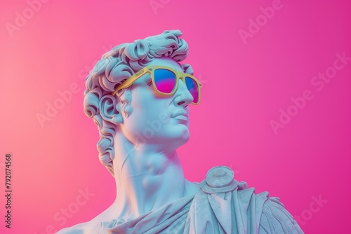 Statue of a roman man looking back and wearing colorful sunglasses with pink background. Creative concept colorful neon ancient sculpture. Art trends.
