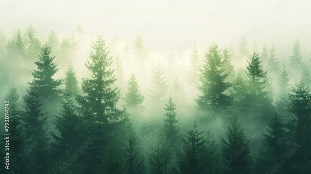 A serene scene of a misty, sunlit forest with light cascading through the dense arrangement of pine trees, creating a tranquil and mysterious atmosphere