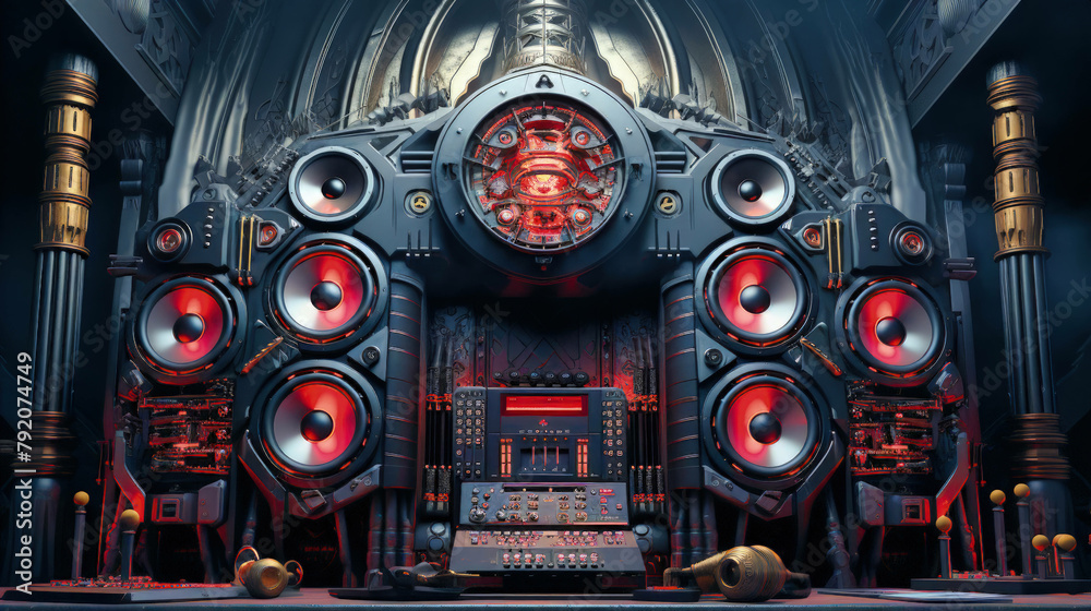 A hyper-technological DJ cover symbolizes the heart of TECHNO music, illustrating the art of mixing and the energy of music scenes designed for the creation of music playlists. Ai generated