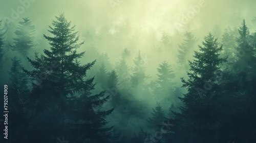 A serene image of a dense  mist-filled coniferous forest with sunlight filtering through the trees