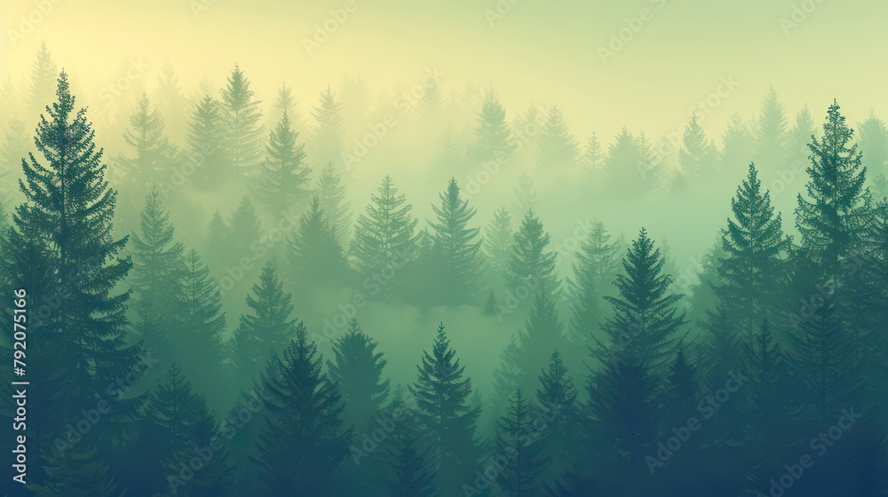 A serene view of coniferous trees shrouded in mist, invoking a sense of mystery and tranquility within a natural setting