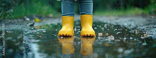 close-up of a girl swimming in puddles in yellow boots