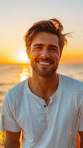 A smiling man in casual attire at the beach during sunset, with a joyful expression, set against an ocean and sky background