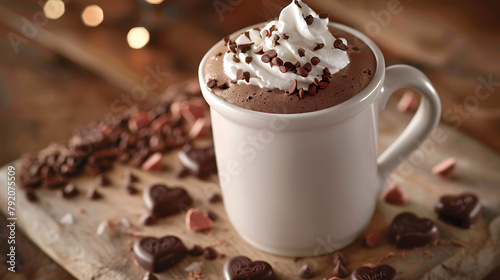 a steaming cup of hot chocolate adorned with a dollop of whipped cream and a sprinkling of chocolate shavings photo