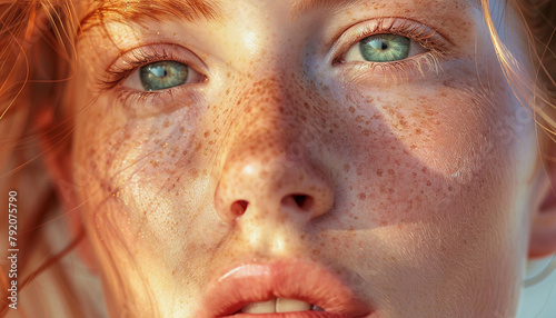 Young Woman with Freckles and Intense Green Eyes in a Close-up Portrait © MarGa