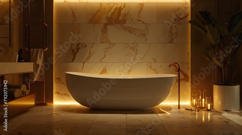 A luxurious bathroom interior featuring a modern freestanding bathtub surrounded by marble tiles  with soft ambient lighting creating a serene atmosphere in stunning 4K realism.