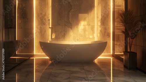 A luxurious bathroom interior featuring a modern freestanding bathtub surrounded by marble tiles  with soft ambient lighting creating a serene atmosphere in stunning 4K realism.