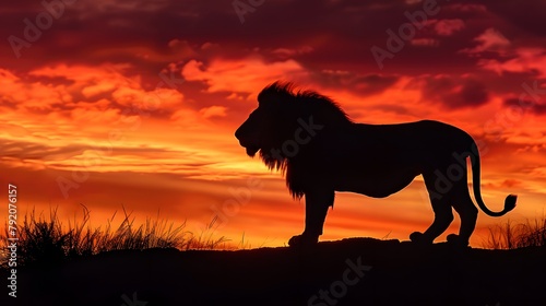 A majestic lion silhouette outlined against a fiery sunset sky, representing strength and courage in the wilderness. © Love Mohammad
