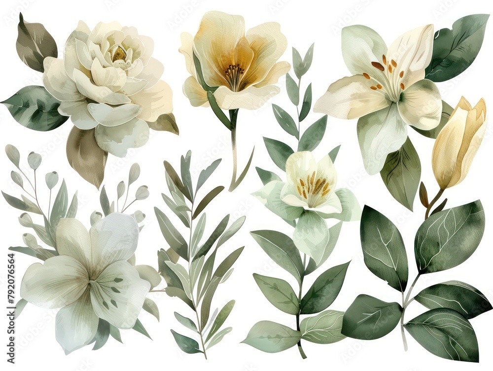 A collection of beautifully rendered flowers and leaves in a neutral palette, showcasing different species in detailed illustrations
