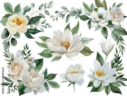 Wallpaper Mural Elegant and detailed floral arrangement featuring white roses and magnolias with lush greenery in a seamless pattern Perfect for sophisticated designs Torontodigital.ca