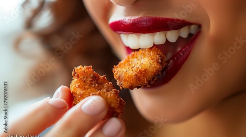 Food, Close-Up of Woman's Mouth Eating Fried Chicken, Gourmet Sensory Experience, photo