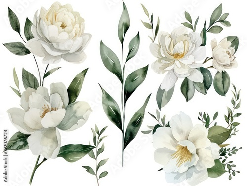 Four detailed botanical illustrations of peonies with foliage in a vintage style  perfect for elegant and timeless designs