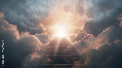 a staircase ascending into a bright light, enveloped by clouds. The scene evokes a sense of heavenly or ethereal transcendence