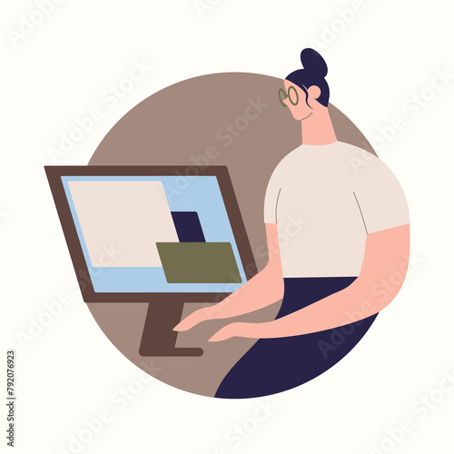 Comic woman work on computer.Programmer on remote work, distance E-learning or online training.Lady developer with glasses with monitor. Funky figures style.Raster illustration for design web sites
