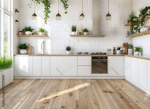 Scandinavian kitchen interior with white cabinets