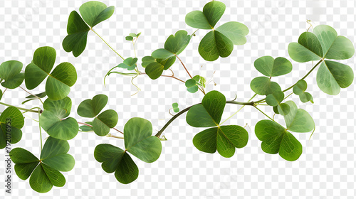 a sprig of vibrant green clover leaves against a transparent background. Each leaf is heart-shaped and attached to thin stems