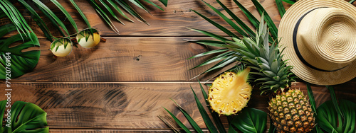 vacation concept, glasses hat pineapple on wooden background