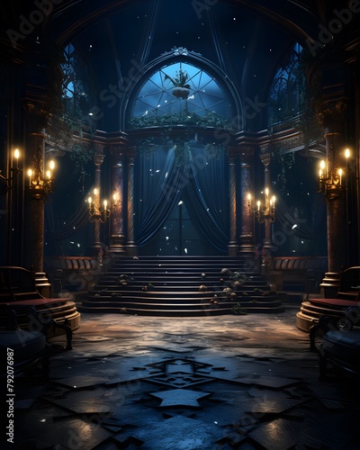 Mystical dark gothic interior. 3D rendering.