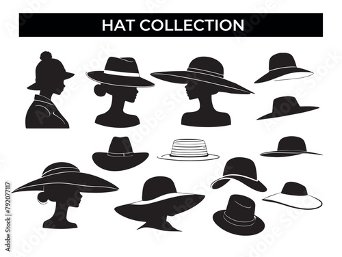 Collection of Hats Silhouettes on White Background
