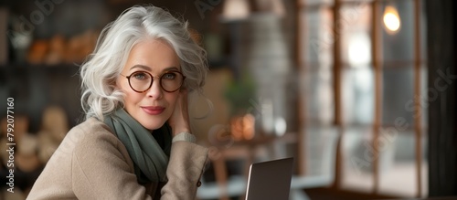 Confident Mature woman silver haired glasses professional home office business laptop relaxed working from home.