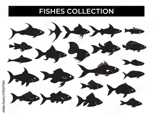 Collection of Fish Silhouettes on White Background