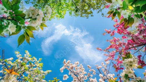 A vibrant image capturing the beauty of various blooming trees circling a clear blue sky, possibly depicting the onset of spring