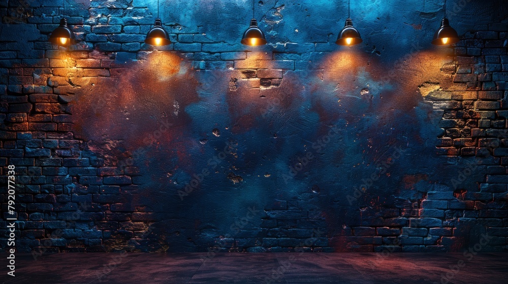 Empty dark blue brick wall with lamps on the sides, empty room background