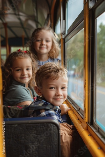 Little kids, boy and girl, riding a school bus on their way to school
