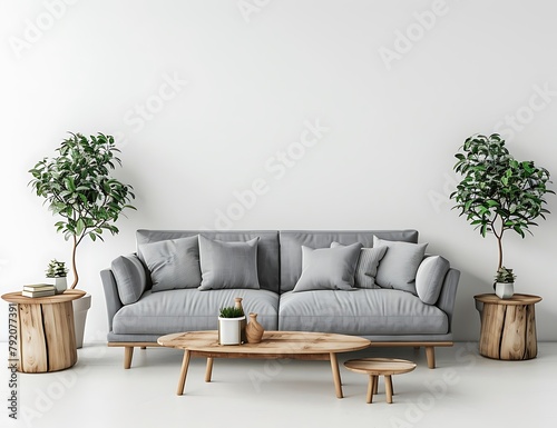 Scandinavian style interior mockup of a living room with a gray sofa and wooden side tables on a white background
