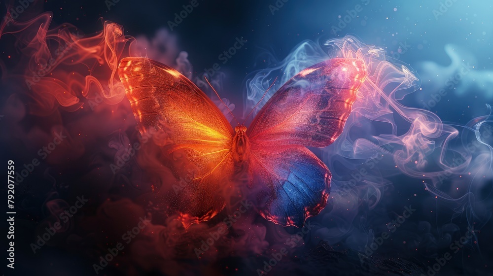 Beautiful colorful butterfly made of smoke on dark background Beautiful colorful butterfly made of smoke on dark background