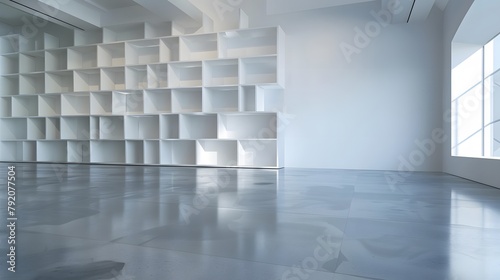 A modern art gallery with empty cubic shelves of varying sizes on a stark white wall. The floor is polished concrete  and the lighting is strategically placed 