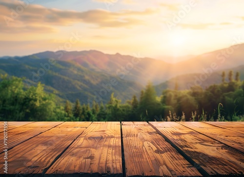 Wooden table top with a green mountain landscape background