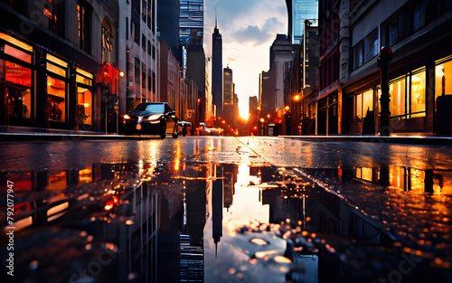 A rain-soaked cityscape reflected in the shimmering surface of a puddle, capturing the beauty in everyday moments.