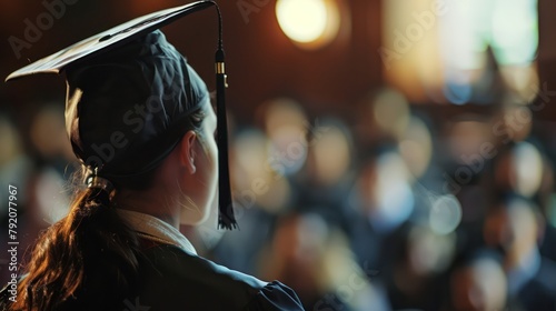 A rear view of a graduate in cap and gown facing the crowd at a commencement ceremony, capturing a pivotal moment in education photo