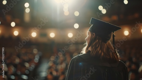 Back view of a graduate in cap looking forward among audience at a commencement ceremony in a warm, solemn atmosphere