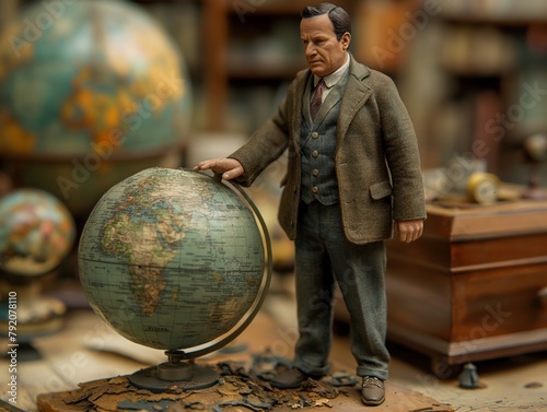 A man is standing in front of a globe, pointing to it. The scene is set in a cluttered room with various objects, including a bookcase and a desk. The atmosphere of the image is somewhat chaotic photo