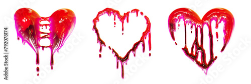 3D bloody heart set, liquid red y2k love sign, glossy dripping gothic Valentine holiday sticker kit. Romantic realistic slime splash shapes, horror grunge stain. Bloody heart isolated collection