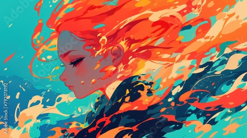 An abstract depiction of a youthful woman with fiery red hair and eyes shut resembling a paper cutout set against a vibrant 2d background Perfect for adding an underwater mermaid theme to y