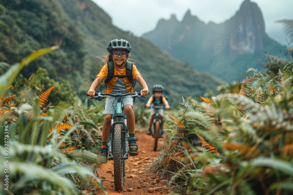 Naklejka premium Eager kids pedaling bicycles around a winding trail, exploring nature and building endurance in youth mountain biking adventures. Concept of junior cycling exploration. Generative Ai.