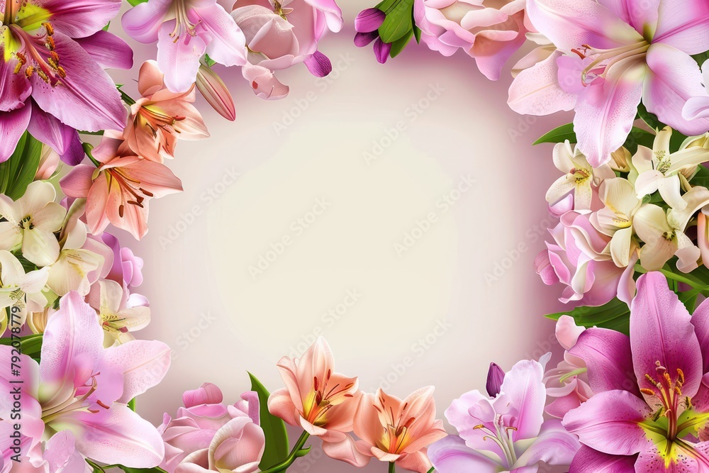 A stunning frame made of various pink and white lilies with ample space in the center for custom text or design elements, perfect for invitations or greeting cards