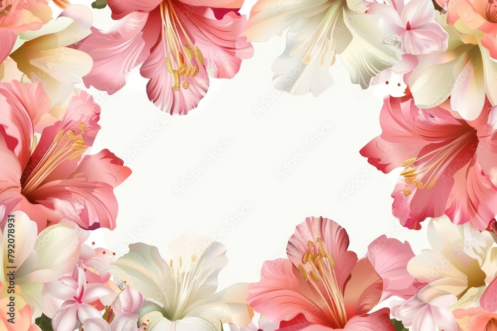 This image showcases a vibrant and inviting floral border, featuring various blooms in shades of pink and white, crafting a perfect frame with space for text