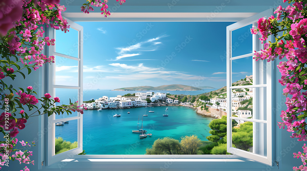 The focal point is an open window with two panes, allowing an unobstructed view of the outdoors. The window frame is white and contrasts beautifully with the vibrant colors beyond The focal point is an open window with two panes, allowing an unobstructed view of the outdoors. The window frame is white and contrasts beautifully with the vibrant colors beyond