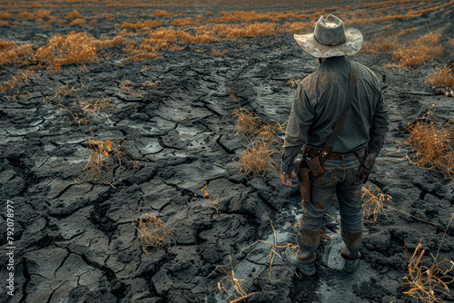 A farmer surveying parched fields devastated by drought, grappling with the impact of climate change on agriculture. Concept of agricultural adaptation. Generative Ai. © Sebastian