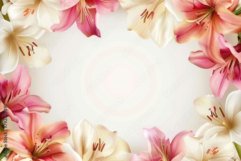 This beautiful image showcases blooming lilies forming an elegant floral frame on a soft, light background, perfect for invitations or cards