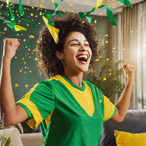 Uma mulher torcedora, usando uniforme do Brasil, com punhos fechados e braços para cima, gritando e comemorando.