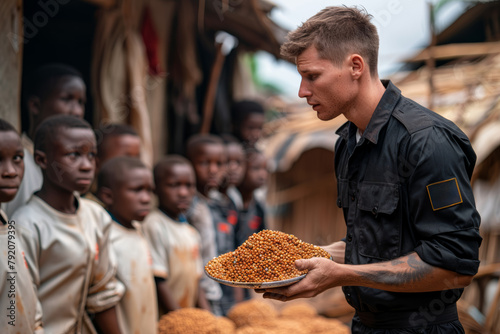 A humanitarian worker distributing food aid to malnourished children in a famine-stricken region, addressing food insecurity and hunger. Concept of humanitarian assistance. Generative Ai. photo