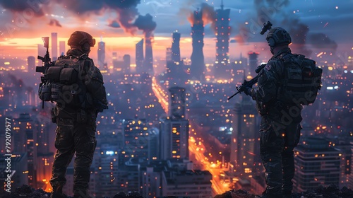 Futuristic Soldiers Overlooking Dystopian Cityscape at Sunset