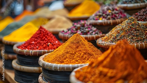 Lively spice market showcases diverse culinary traditions with vibrant aromatic displays. Concept Food Exploration, Culinary Diversity, Exotic Spices, Aromatic Displays, Colorful Market