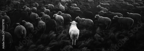 Monochrome melancholy: a flock of misunderstood souls. A stunning black and white depiction of a herd of sheep, with one lone black sheep standing out, symbolizing individuality and societal rejection photo